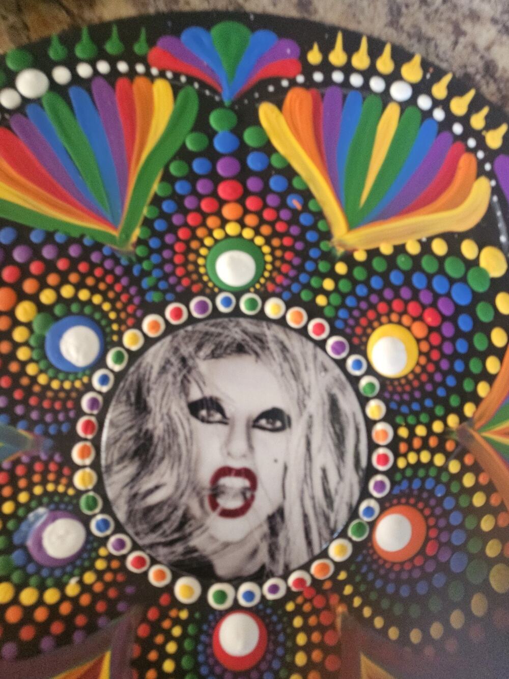 Hand Painted Lady Gaga 10” Vinyl Record Wall Art Rainbow Dot Mandala Decor